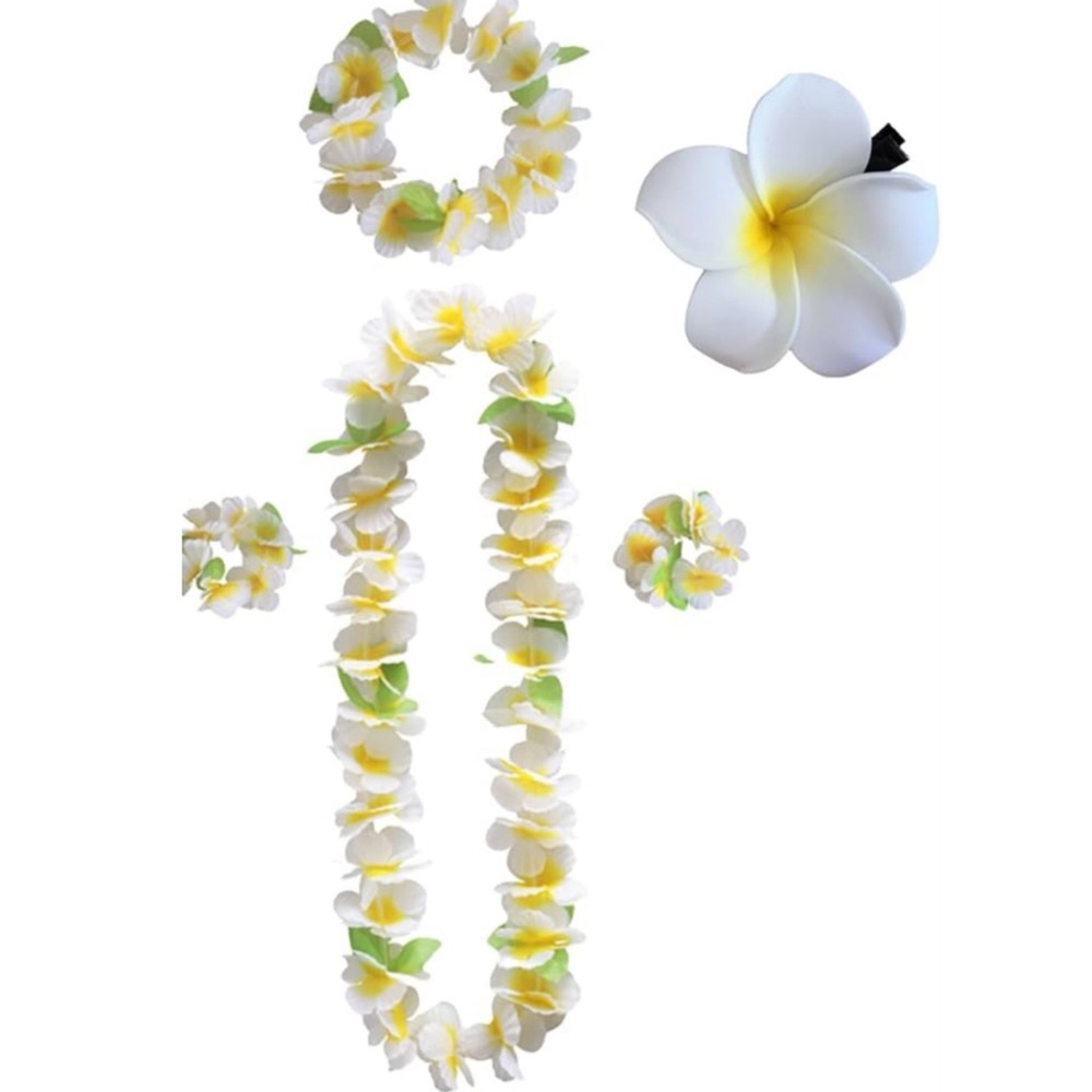 New 5-Piece Hawaiian Luau Flower Lei Set in White & Yellow